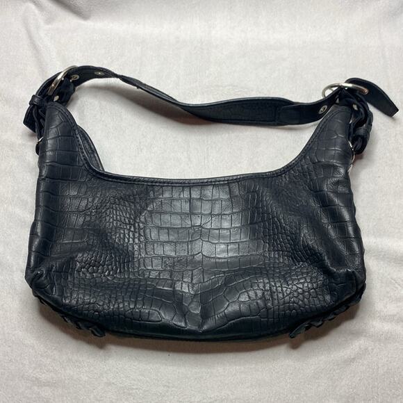 Stuart Weitzman Black Crocodile-Embossed Leather Hobo Bag Silver Hardware - Picture 2 of 7